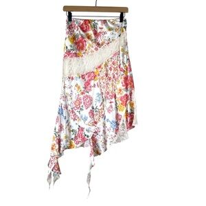 Moon Orchid Satin Floral Midi Skirt Asymmetrical Hem Dainty Fairy Cottagecore S